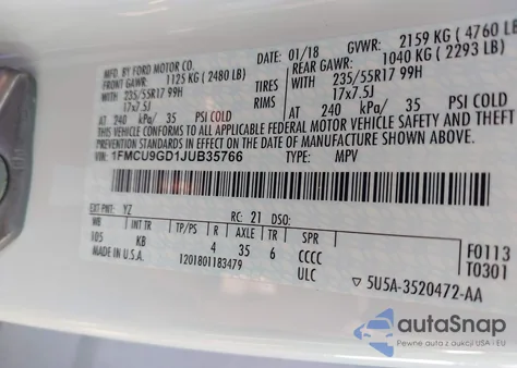 2018 Ford Escape Se z USA, uszkodzony, nr VIN 1FMCU9GD1JUB35766